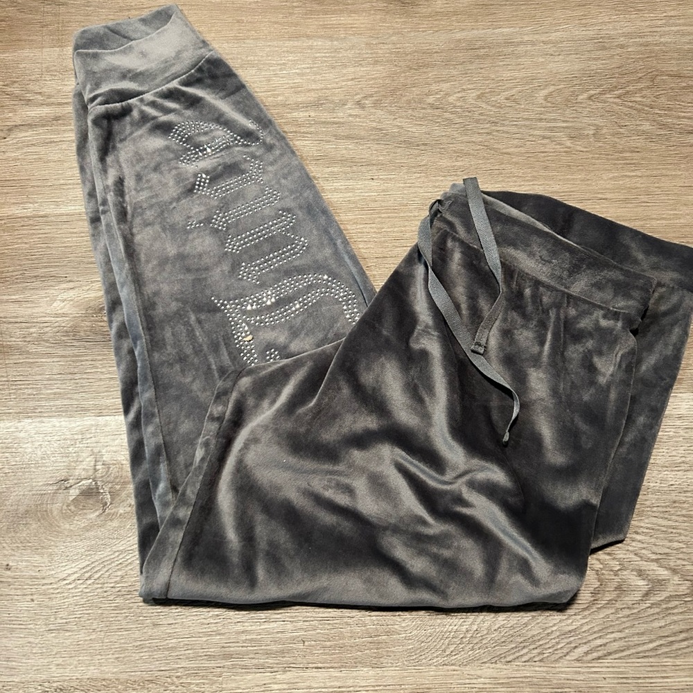 Juicy Couture Sweatpants Womens M Gray Velour Tapered Drawstring Rhinestone